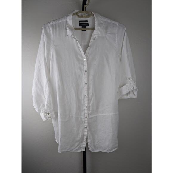 Tahari size 1X White 100% Linen Button Front Tunic Length Shirt Roll Tab Sleeve - Picture 2 of 7